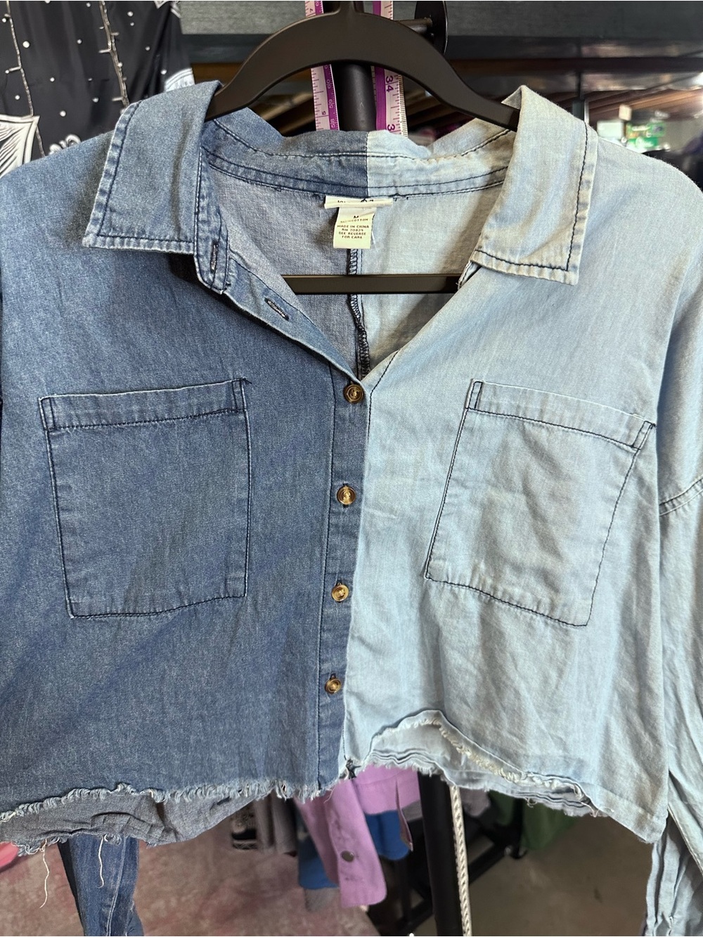 Rue21 Two-Tone Light & Dark Blue Cropped Denim Shirt - Picture 7 of 8